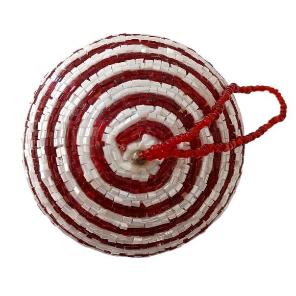 Hand Beaded Christmas Ornament Glass Bugle Beads All Around Red White Vintage. - Picture 8 of 14